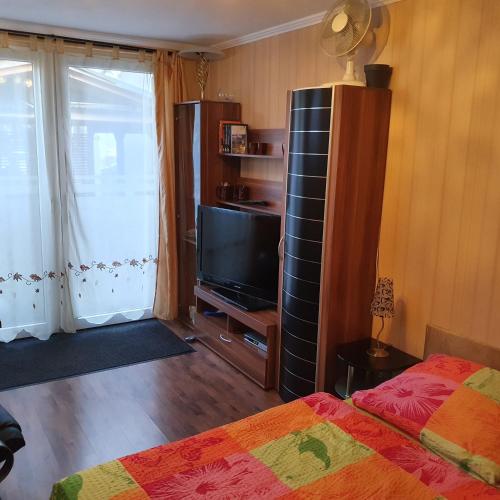 1 dormitorio con 1 cama y TV de pantalla plana en Zimmervermietung Fuchs,, en Dresden