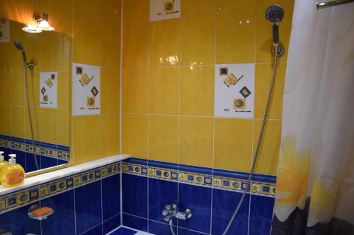 a bathroom with a shower with blue and yellow tiles at Apartament Julia 1-6 os II piętro in Kielce