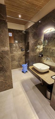 Hotel Gorbandh في أودايبور: حمام فيه مغسلة ومرحاض