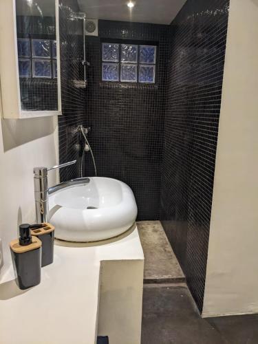 ein Badezimmer mit einem weißen Waschbecken und einer Dusche in der Unterkunft Appartement vintage in Avignon