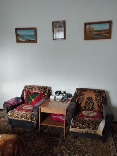 a living room with two couches and a table at Guest house SONO adress Derbisheva 202 in Karakol