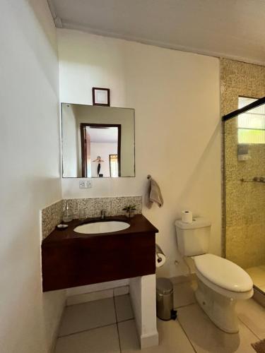 a bathroom with a toilet and a sink and a mirror at Fauna in Praia do Bananal