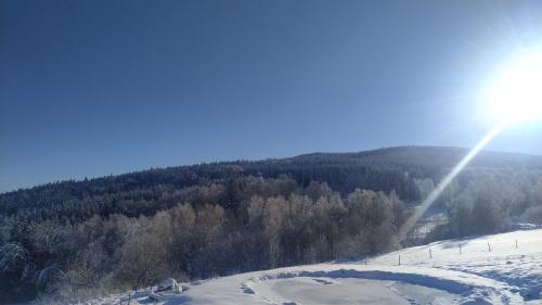 a snow covered hill with the sun in the sky at Penzion Zvon in Horní Stropnice