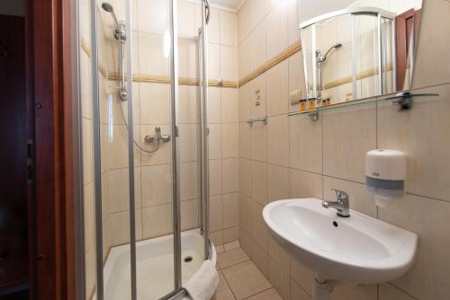 a bathroom with a sink and a shower at Hotel Grand Felix in Kraków
