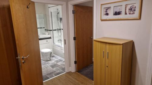 ein Badezimmer mit einem WC und einem Holzschrank in der Unterkunft Birmingham Amethyst, 3 bedroom Apartment in Birmingham