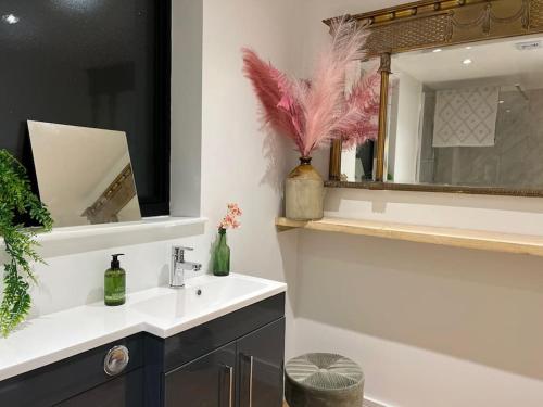 a bathroom with a sink and a mirror at Quirky, Luxury Hideaway in Llanbrynmair