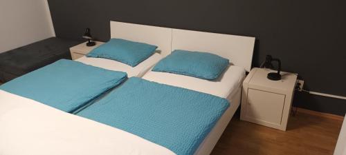 - une chambre avec 2 lits dotés d'oreillers bleus dans l'établissement ApartmentMR, à Maribor