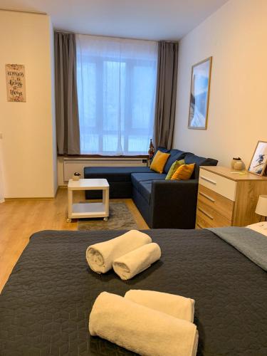a living room with two beds and a couch at Studios and Apartments - Semiramida Gardens in Borovets