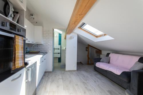eine Küche und ein Wohnzimmer mit einem Sofa in der Unterkunft Le Coq Charmant petit studio en centre ville d'Embrun in Embrun