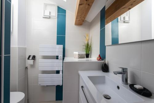 ein Bad mit einem Waschbecken und einem WC in der Unterkunft Le Coq Charmant petit studio en centre ville d'Embrun in Embrun