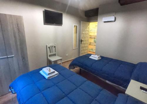 um quarto com duas camas azuis e uma televisão em Cazorla Paraíso Resort em Cazorla