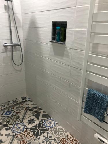 a bathroom with a shower with a tile floor at Carcahouse in Carcassonne