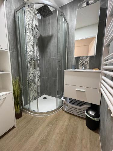 une salle de bain avec une douche avec une porte vitrée dans l'établissement 2 Pièces Climatisé-WIFI / 4 voyageurs / Boxe Privé / 2 piscines / 2 tennis / Pétanque / PingPong, à Antibes