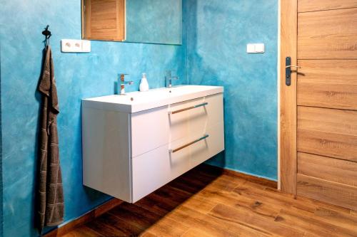 ein Badezimmer mit einem weißen Waschbecken und einer blauen Wand in der Unterkunft Vila Tess in Bad Liebwerda