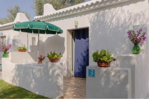 a white house with potted plants and an umbrella at Hotel Il Melograno in Mattinata