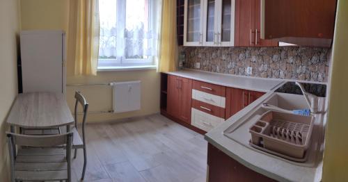 - une cuisine avec un évier et un comptoir avec une table dans l'établissement ŁuZen, à Ruda Śląska