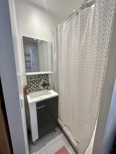 une salle de bain avec un lavabo et un rideau de douche dans l'établissement 