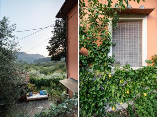 two pictures of a house with a window and a garden at Casetta di Butia, Glicine Apartment in Borgo a Mozzano