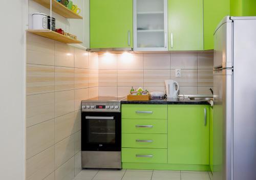 eine Küche mit grünen Schränken und einem Kühlschrank in der Unterkunft Apartman Teo in Lukavica