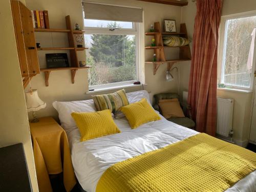 a bedroom with a bed with yellow pillows and a window at Entire Studio with Ensuite balcony and parking in Westcliff-On-Sea