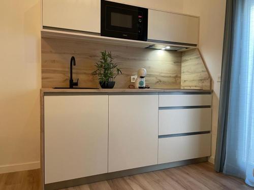 małą kuchnię z białymi szafkami i kuchenką mikrofalową w obiekcie Cozy Loft Malaga Centre II w Maladze