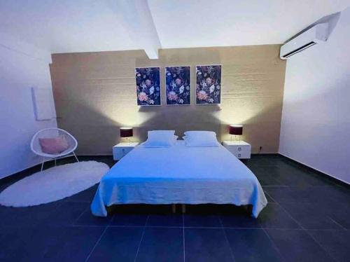 - une chambre avec un lit et deux peintures murales dans l'établissement VILLA FRUIT A PAIN T2, à Cayenne