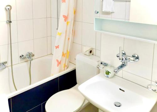 La salle de bains est pourvue de toilettes, d'un lavabo et d'une douche. dans l'établissement El Hamra - cozy - by PA, à Lucerne