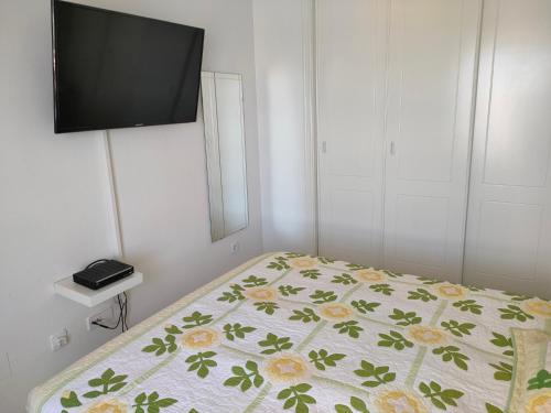 Schlafzimmer mit einem Bett und einem TV an der Wand in der Unterkunft Casas Holiday - Golf Campoamor in Orihuela