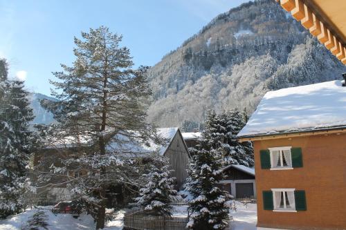 a house in the snow with a mountain in the background at Apartment Bergblick-Mellau in Mellau