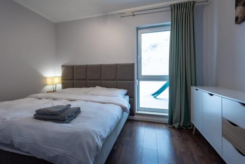 una camera con un letto e una grande finestra di Apartament Zaciszny a Szklarska Poręba