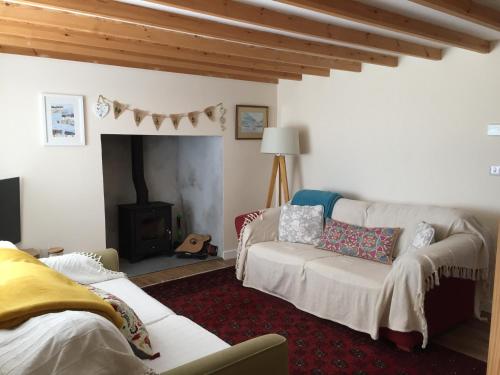 a living room with a couch and a fireplace at Sandy cottage, nr Eden & beaches in St Austell