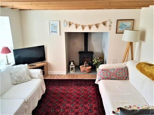 a living room with a couch and a fire place at Sandy cottage, nr Eden & beaches in St Austell