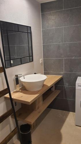 une salle de bain avec un lavabo et un miroir dans l'établissement SUPERBE T3 AU COEUR DU CENTRE VILLE, à Narbonne