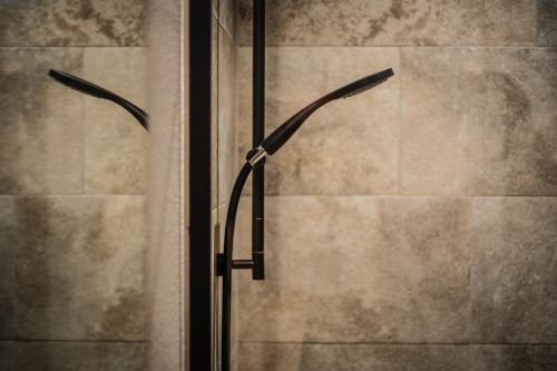 - une porte de douche en verre avec deux poignées dans la salle de bains dans l'établissement Appartements am See, à Romanshorn