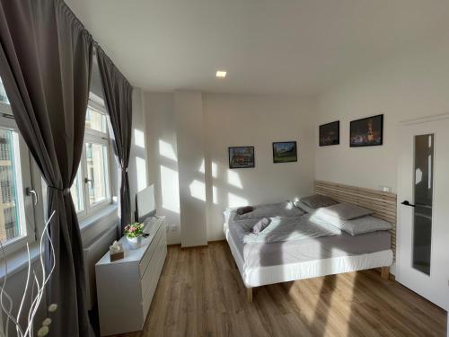 a bedroom with a bed and some windows at Historic Center Brno Apartment in Brno