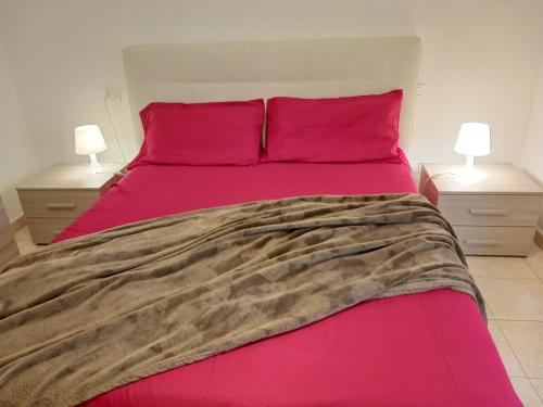 een slaapkamer met een roze bed en 2 nachtkastjes bij Comoda posizione, per 5-TERRE, PortoVenere, Lerici in La Spezia