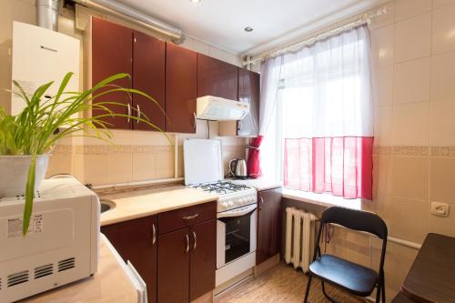 a small kitchen with a stove and a microwave at Botanical garden area in Kharkiv
