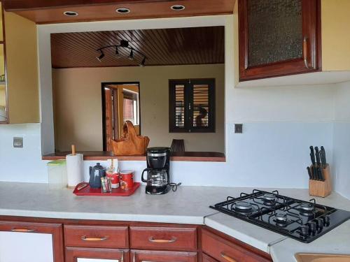 a kitchen with a stove and a counter top at Maison MANZÈL à St Esprit - 20 min des plages in Grande Savane