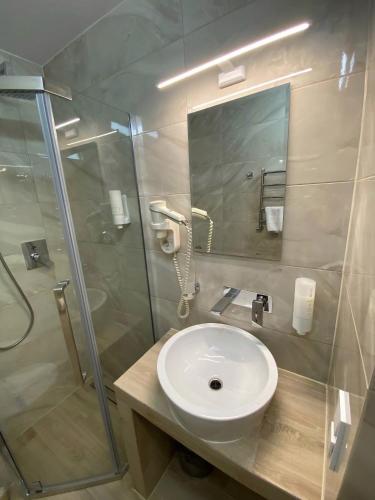 a bathroom with a sink and a shower at GORGANY resort & SPA in Yablunytsya