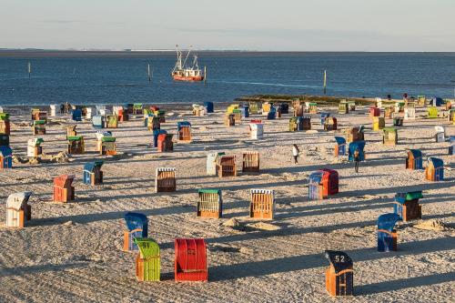 a beach with many colorful chairs on the sand at Nordsee Ferienwohnung Nord in Dornumersiel