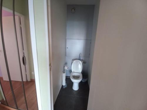 y baño con aseo blanco en una cabina. en Grand 4 pièces +espace bureau à 20 min Paris !, en Créteil