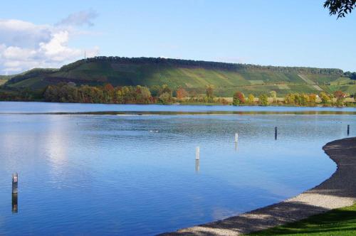 a large body of water with a hill in the background at Gästehaus Winzerhof am Schlierbach in Weiler bei Weinsberg