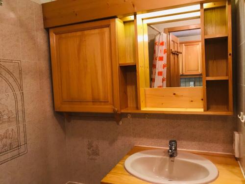 une salle de bain avec un lavabo et un miroir dans l'établissement Appartement cosy avec balcon, parking et animaux acceptés - FR-1-629-90, à Morillon