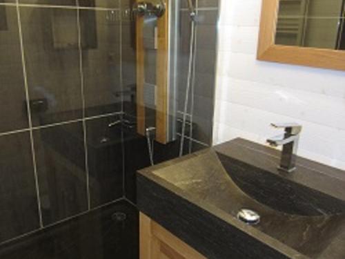 une salle de bain avec un lavabo et une douche dans l'établissement Studio confortable face aux télécabines, proche loisirs avec parking et animaux admis à Samoëns - FR-1-629-54, à Samoëns