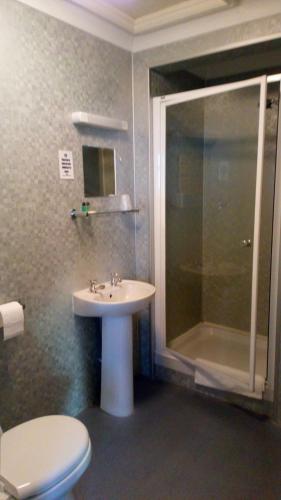a bathroom with a sink and a shower and a toilet at Marine Lodge in Great Yarmouth