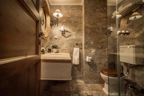uma casa de banho com um WC, um lavatório e um chuveiro em Chalet Sapin Hotel em Palaios Agios Athanasios