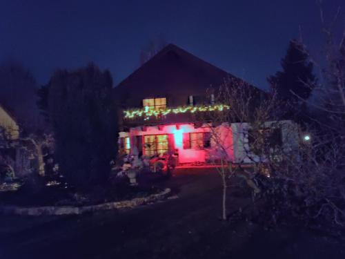 a house with christmas lights on it at night at Apartment HAUS MERLIN am Böckelsberg in Weimar