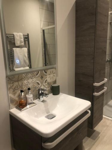 a bathroom with a white sink and a mirror at The Skreen in Builth Wells