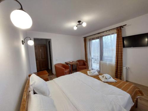 a bedroom with a large white bed and a window at Casa Calea Haiducilor in Sohodol