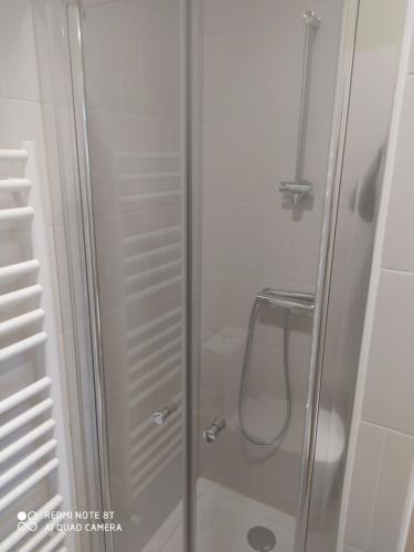 a shower with a glass door in a bathroom at Quinta da Lua Nova in Travancinha